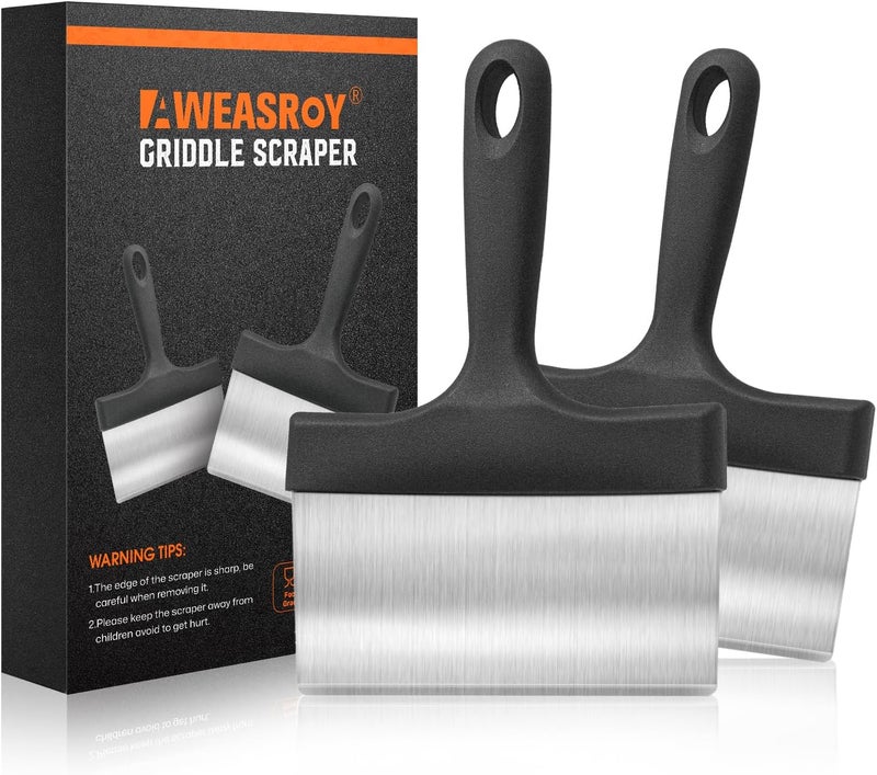 AWEASROY Heavy Duty Grill Scraper Stainless Steel Griddle Scraper with 5 Inches Handle,Sturdy Food Scraper Tool Kitchen for Blackstone Grill Accessories,Outdoor Barbecue Turners Tools (Black 2 Pcs) - Image 1